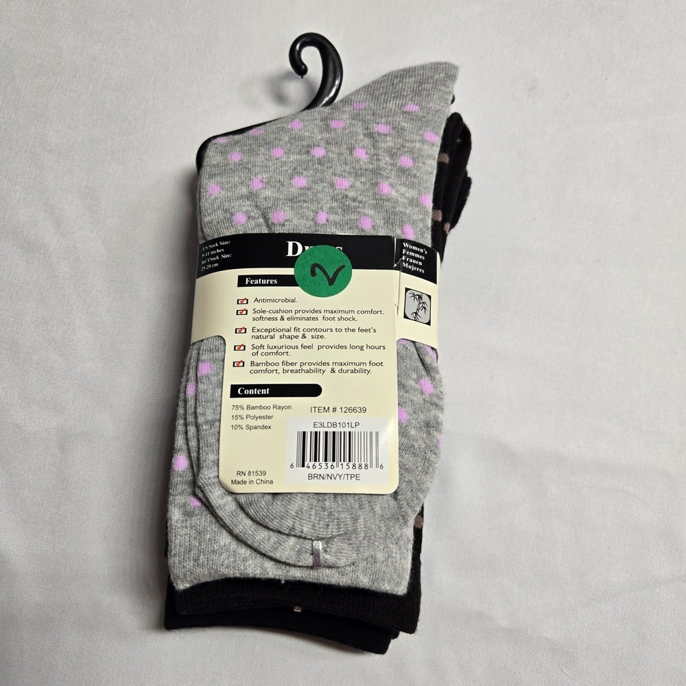 Ecco Womens Bamboo Rayon Blend Crew Socks 3 Pair Pack Polka Dot Black Grey Navy - Picture 2 of 3